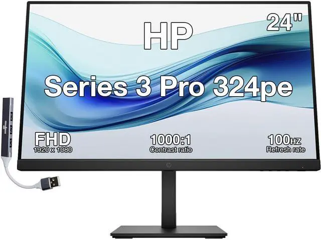 Main image of Series 3 Pro 324pe 24" 100Hz FHD IPS Monitor with Adjustable Tilt | Built-in Dual 2W Speakers, Swivel/Pivot/Height, VESA Mount, VGA, Displayport, HDMI w/DKZ Hub, Black (B1GM5AA#ABA)
