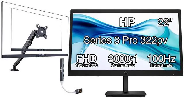 Main image of 22" Series 3 Pro 322pv FHD VA Monitor with 5 ms Response Time, Anti-Glare, Flicker Free, VESA Mount (100x100mm), HDMI, VGA & Dockztorm USB, Black (9U5A2AA#ABA) & Ergoflexy Single Mount Arm