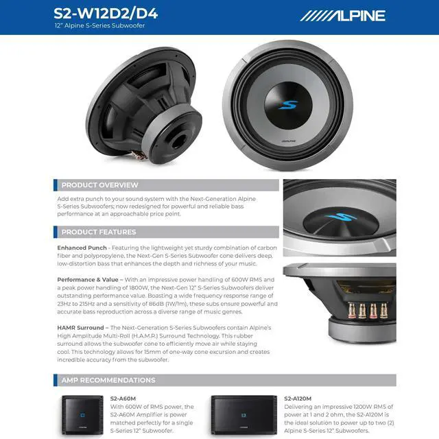 Alt view image 6 of 7 - S2-W12D2 12" S-Series Dual 2 ohm Car Subwoofer, 1800W Max, 600W RMS | Deep accurate bass, refined sound quality, durable build, smooth response for daily systems, 12 inch size