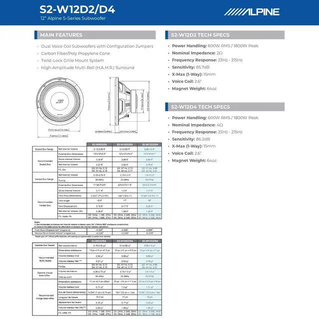 Alt view image 7 of 7 - S2-W12D2 12" S-Series Dual 2 ohm Car Subwoofer, 1800W Max, 600W RMS | Deep accurate bass, refined sound quality, durable build, smooth response for daily systems, 12 inch size