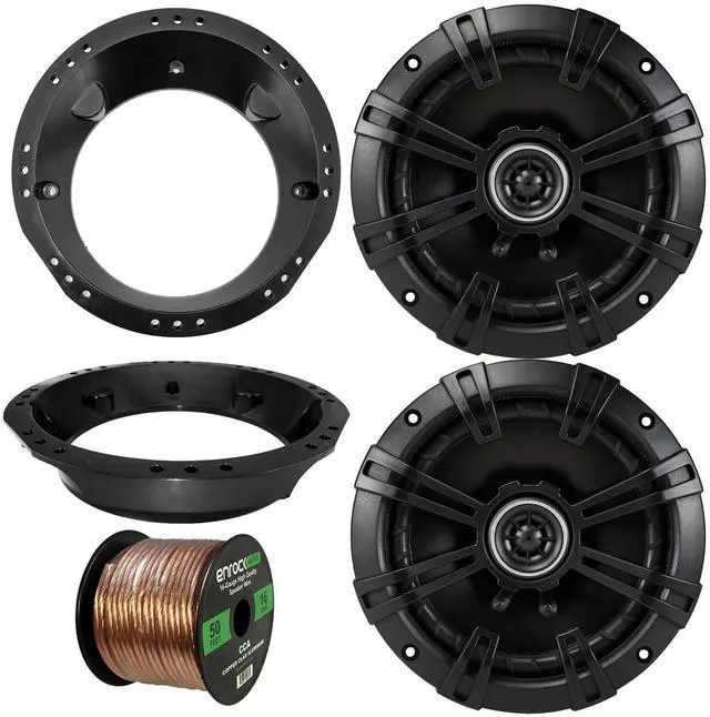 Main image of 98-13 Harley Speaker Bundle: 2X of Kicker 6.5" Inch 240 Watts 2-Way DS-Series Black Car Stereo Coaxial Speakers + Mounting Rings for Motorcycles + Enrock 50 Ft 16G Speaker Wire