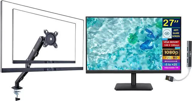 Main image of 27" FHD IPS Monitor with 4ms Response Time | Anti Glare, VESA Mount (100mm), VGA, HDMI, Black Color with Dockztorm Hub & ErgoFlexy Single Monitor Mount