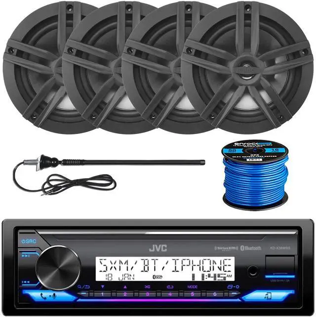 Main image of Single Din Marine Bluetooth USB/AUX Stereo Receiver, 4X Enrock 6.5" 180 Watt Boat Black Speakers, Long Range Black Radio Antenna, Speaker Wire