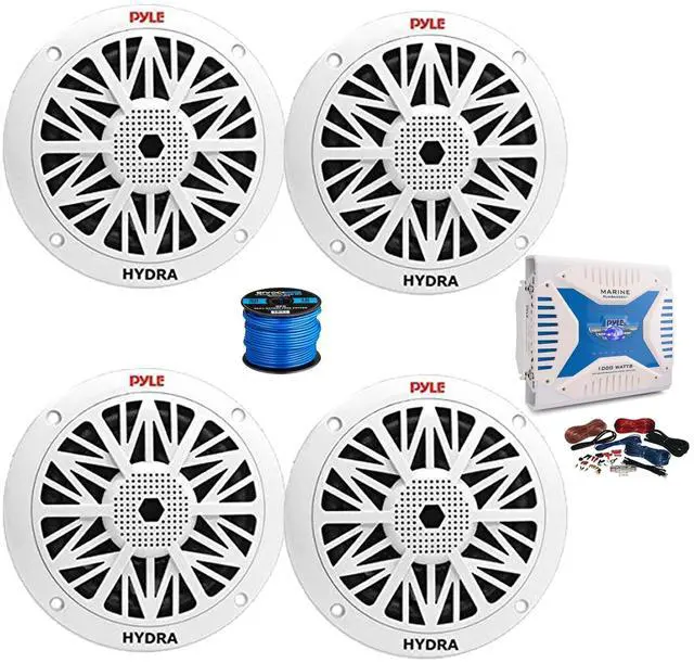 Main image of Pyle PLMRA430BT Marine Bluetooth 4-Channel 1000 Watt Amplifier w/Wiring Install Kit, 4X 6.5 200W Full Range 2-Way Dual Cone Waterproof Marine Audio Speakers (White), 50 feet Wire