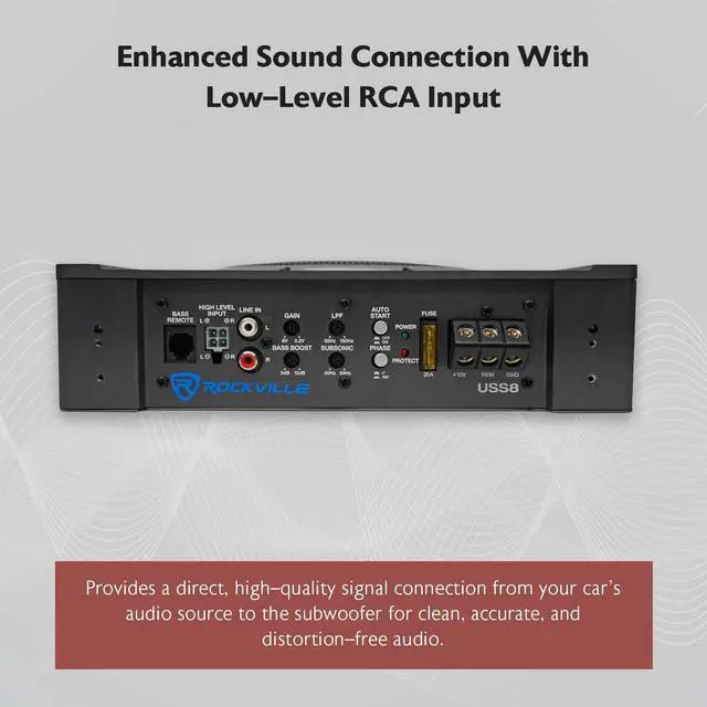 Alt view image 4 of 7 - USS8 8" Slim Under-Seat Active Powered Car/Truck Subwoofer | 600W Peak / 150W RMS, Bass Knob, CEA-2006 Compliant, RCA and High Level Inputs, Auto Turn-On, Built-In Amp, 2.9" Profile