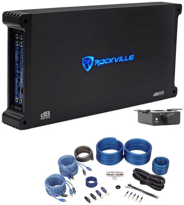 Main image of dB55 Dyno-Certified 5-Channel Car Amplifier with RWK42 Wiring Kit | 4000W Peak / 980W RMS, 4 AWG Amp Wiring Kit, 2 RCA Cables, 100% Copper, Bass Knob, 5-Channel Car Audio Amp, 2-items