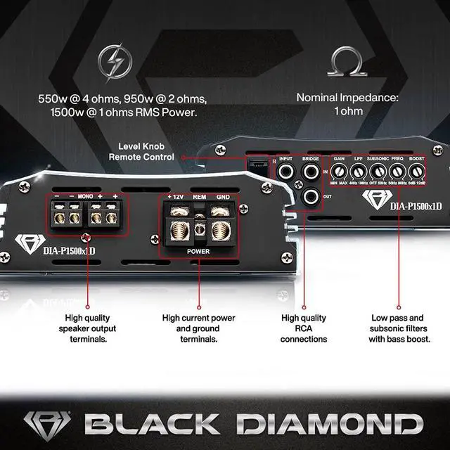 Alt view image 3 of 6 - DIA-P1500x1D Car Audio Amplifier Class D 1 Channel Monoblock Amp 1500 Watts RMS, Remote Level Control Included