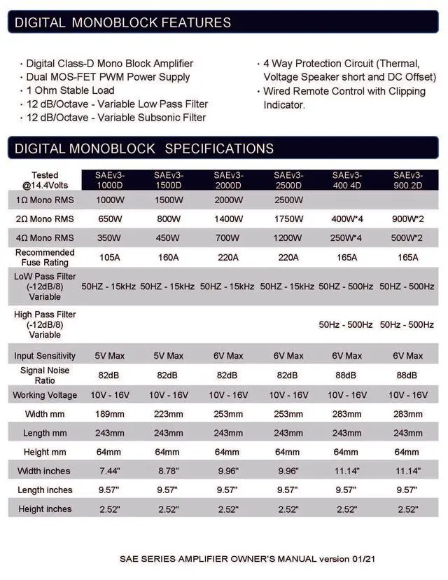 Alt view image 5 of 7 - SAE-2000D V.3 Monoblock 2000W RMS Digital Class D Amplifier SAEv3-2000D