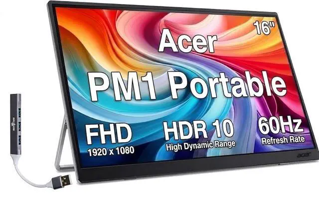 Main image of PM161Q J 16" Portable USB-C IPS Monitor, Built-in Speakers | w/ HDR10, 6ms Response Time, Anti-Glare, 220 nits Brightness, Mini HDMI & Dockztorm USB Port Expander, Black/Silver Color