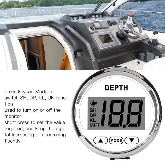 Alt view image 3 of 7 - Digital Depth Sounder, 2'' in Dash Depth Finder Transducer with White Backlight, DC 12V Waterproof Marine Depth Gauge 0-100m/0-328FT for Yachts Boats
