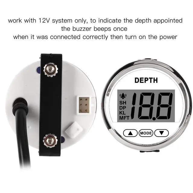 Alt view image 4 of 7 - Digital Depth Sounder, 2'' in Dash Depth Finder Transducer with White Backlight, DC 12V Waterproof Marine Depth Gauge 0-100m/0-328FT for Yachts Boats