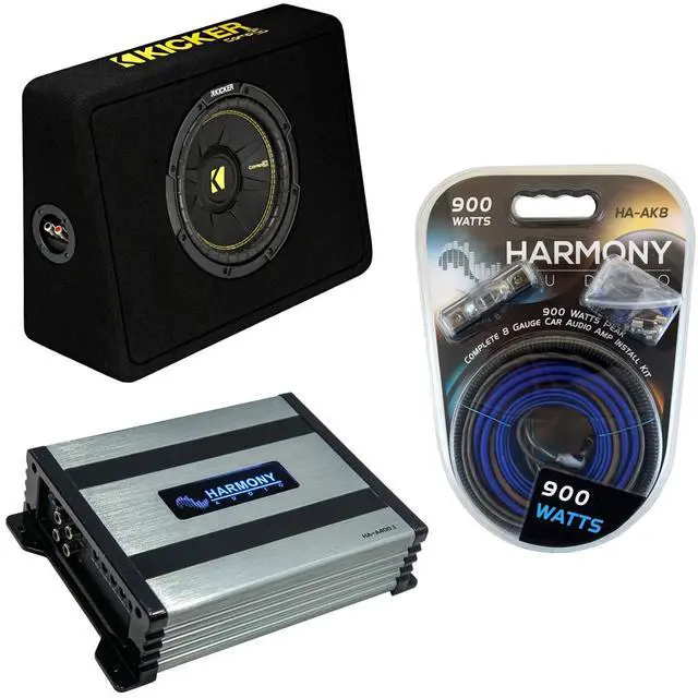 Main image of Dual 10" Truck Sub Box with Amp and Kit Kicker 44TCWC102 | 10 inch loaded subwoofer enclosure and amplifier combo package, 8 gauge wiring included, deep bass angled pickup cab design