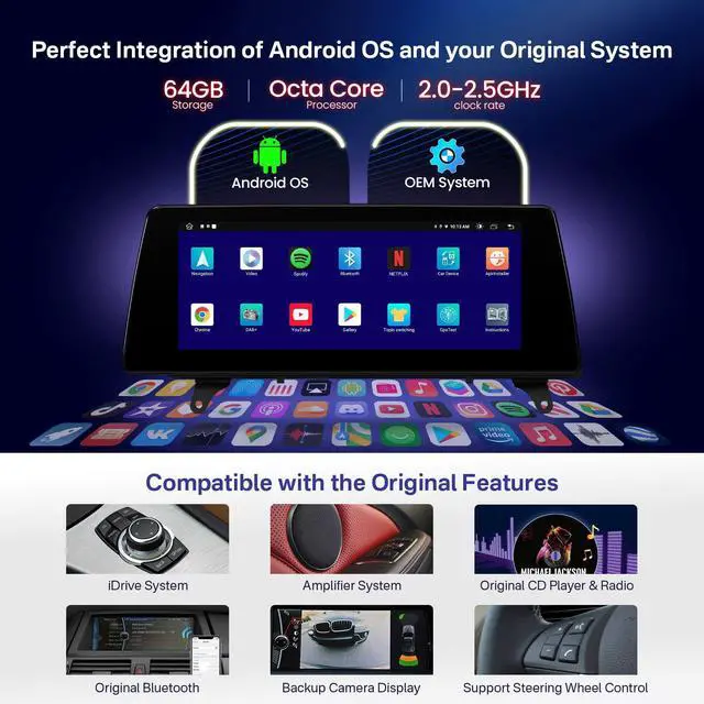 Alt view image 5 of 7 - 10.25 Inch Android Car Stereo for BMW X5 E70 / X6 E71 (2011-2013) CIC System, IPS Touch Screen GPS Navigation Support Wireless CarPlay Android Auto (2+64GB)