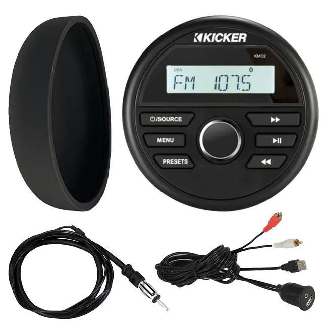 Main image of 46KMC2 Marine Bluetooth All-Weather AM/FM USB/AUX Gauge Style Media Center Receiver W/Black Cover, Bundle Combo with USB/AUX 3.5MM Interface Adapter, Black Flexible Hideaway 22" Radio Antenna