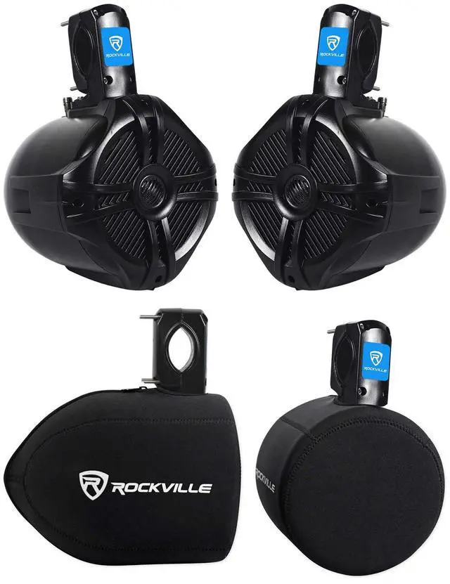 Main image of RWB65B 6.5" Black Marine Wakeboard Tower Speaker Pair with Covers | 500W Peak / 300W RMS, 4 Ohm, 96dB, 1" Tweeters, 1.26"-2.05" Bar Fit, RWBC Neoprene Speaker Covers, Boat/ATV, 4-Items