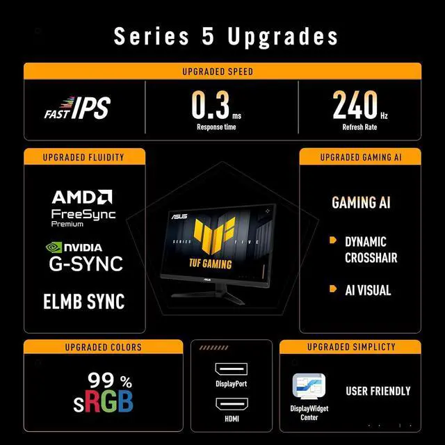 Alt view image 3 of 7 - TUF Gaming 24" FHD Monitor, 240Hz, 0.3ms, Fast IPS, G-SYNC Compatible, FreeSync Premium, Extreme Low Motion Blur Sync, 99% sRGB, DisplayPort& 2 x HDMI, Tilt Adjustment, Gaming AI, Black