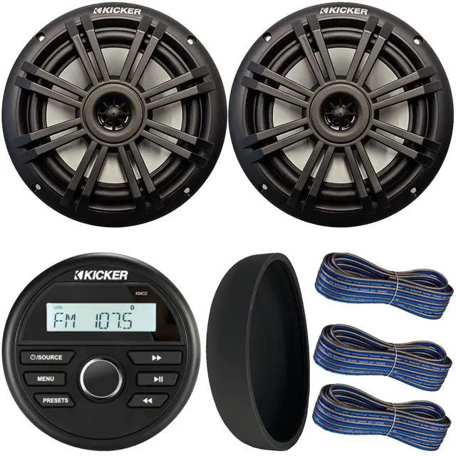 Main image of 46KMC2 Marine Bluetooth All-Weather AM/FM USB/AUX Gauge Style Media Center Receiver W/Black Cover, 2X 6.5 150 Watt Peak Power 2-Way Black Boat Audio Speakers, 3X 20 Feet 16 Gauge Speaker Wire
