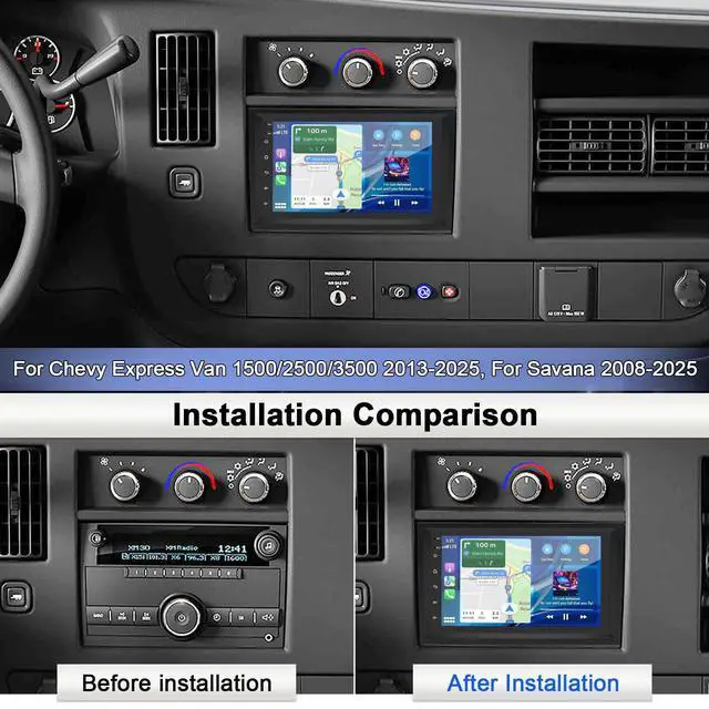 Alt view image 2 of 7 - Car Radio for Chevy Express Van 1500/2500/3500 2013-2025 Savana 2007-2025 | Double Din Wireless CarPlay Android Auto WiFi GPS Navigation 7" Touchscreen Bluetooth FM SWC Mirror Link Backup Camera