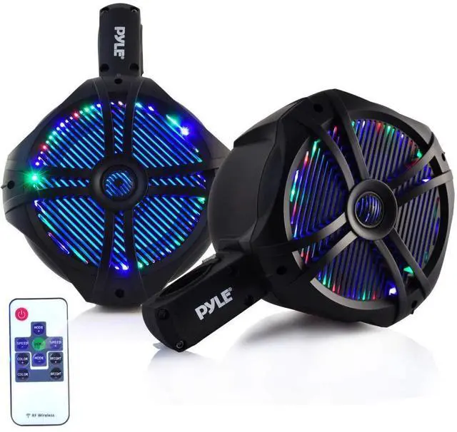 Main image of Waterproof Marine Wakeboard Tower Speakers - 6.5 Dual Subwoofer Speaker Set and 1.0 Tweeters, LED Lights and 200 Watt Power - 2-way Boat Audio System with Mounting Bracket - PLMRWB65LEB (Black)