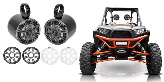 Main image of Pair 45KM654 6.5" 390w Marine Boat Speakers KM65 w/Charcoal with White Grilles Bundle with 2 Rockville MAC65B 6.5" Black Aluminum Wakeboard Tower Speaker Pod Enclosures