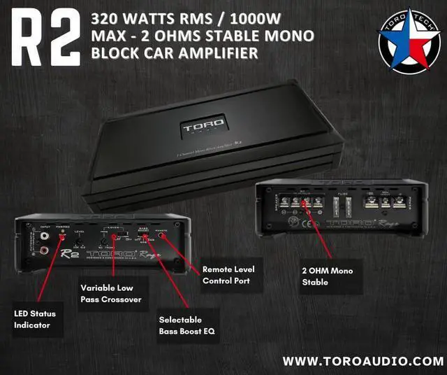 Alt view image 2 of 6 - Audio R2 | 320 Watts RMS / 1000w MAX Monoblock Car Amplifier - 2 Ohm Stable Class-D Subwoofer Amp, High-Efficiency Power, Variable Low-Pass Crossover, Bass Boost, Compact Car Audio Design