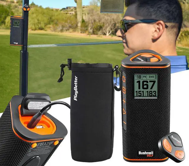 Main image of Bushnell Wingman View Golf Speaker Pouch Bundle | Easy-to-Read LCD Display, Bluetooth Music & Audible GPS Distances | Includes Protective Wingman Pouch & Magnetic Cart Mount