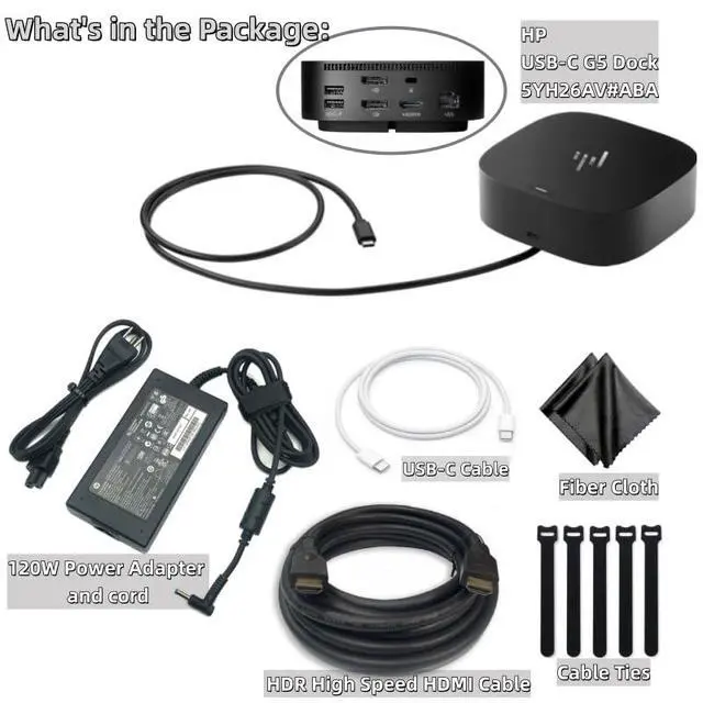 Alt view image 5 of 5 - HP 5YH26AV#ABA USB-C G5 Dock - HP HSN-IX02 L64086-001 L75125-001 Docking Station for Laptop Dual Monitor and Charging Bundle w/ 120W AC Adapter, HDMI Cable, USB-C Cable, Fiber Cloth, Cable Ties