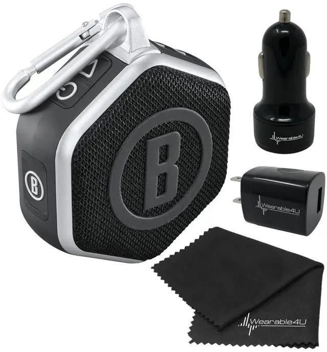Main image of Bushnell Wingman Mini Black/Silver GPS Bluetooth Speaker with Cleaning Cloth and Wall/Car Chargers Bundle