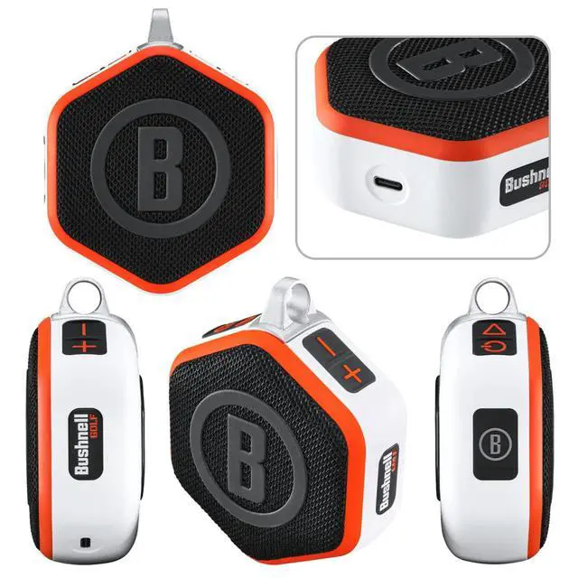 Alt view image 2 of 6 - Bushnell Wingman Mini Orange/White GPS Bluetooth Speaker with Cleaning Cloth and Wall/Car Chargers Bundle