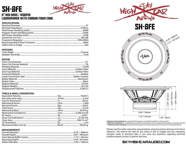 Alt view image 2 of 2 - SH-8FE 8" Mid Woofer Pair w/Carbon Fiber Cone