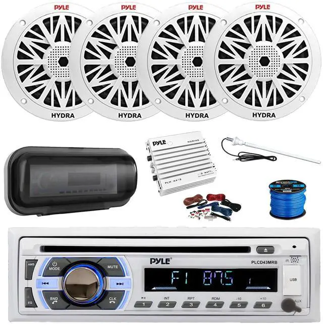 Main image of Pyle PLCDBT65 Bluetooth Marine Stereo AM/FM CD Stereo Receiver, Cover, 4-Channel Amplifier w/Kit, 4X 6.5 200 Watt Peak Full Range 2-Way Waterproof Speakers w/Wire, Long Range Radio Antenna
