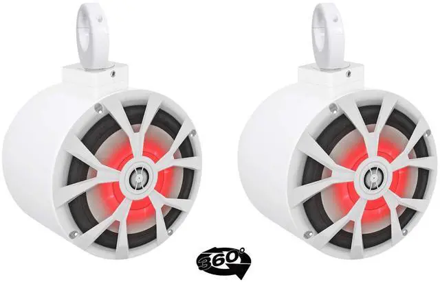 Main image of MAC80W White Wakeboard Tower Pod Pair with RKL80MW LED Speakers | 900W Peak / 200W RMS, 2-Way Marine, 7.7" Aluminum Enclosures, MAC360W 360 Swivel Clamps, Surface Mount, Waterproof, 3-Items