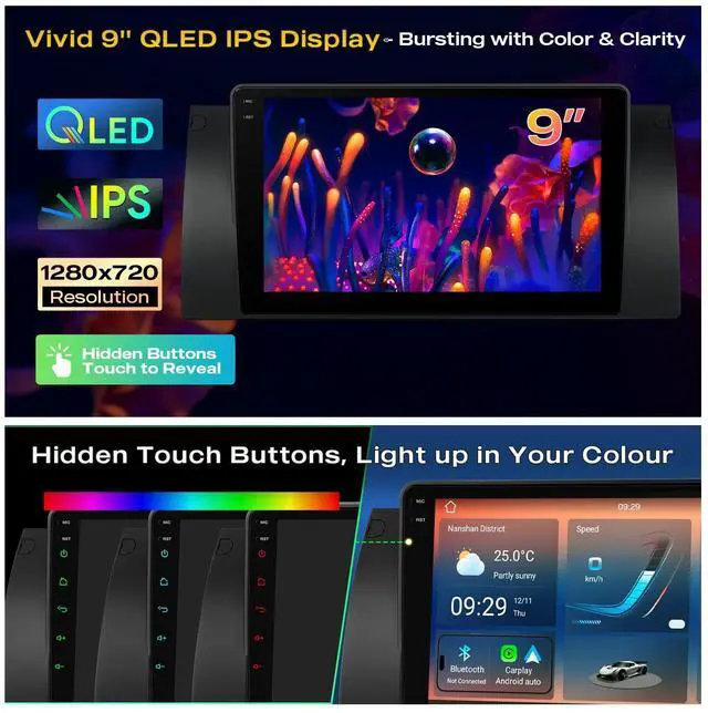 Alt view image 2 of 6 - 9" QLED Android14 Car Stereo for BMW X5 E53 19992006, 8+128GB | OctaCore 8GB+128GB,Dual Bluetooth,Wireless CarPlay & Android Auto,Builtin DSP,GPS Navigation,Global 4G LTE