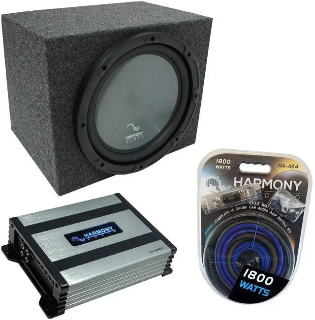 Main image of Single 12" Sealed Rearfire Sub Box with Harmony R124 Sub and HA-A400.1 Amp | Complete subwoofer package, air-tight enclosure plus power combo, deep low end upgrade, easy trunk install, 12 inch size