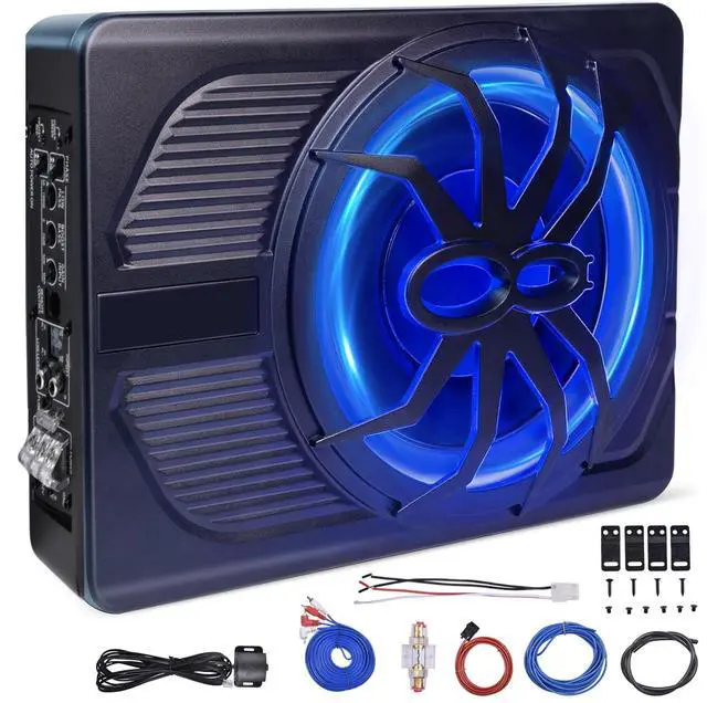 Main image of 10" 800W Ultra-Slim Powered Car Subwoofer, Under Seat Design with Built-in Amp, Blue LED, Heat Dissipation & Powerful Bass for Car/Truck/SUV Audio