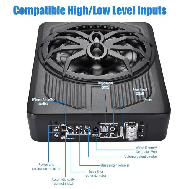 Alt view image 2 of 6 - 10" 800W Ultra-Slim Powered Car Subwoofer, Under Seat Design with Built-in Amp, Blue LED, Heat Dissipation & Powerful Bass for Car/Truck/SUV Audio