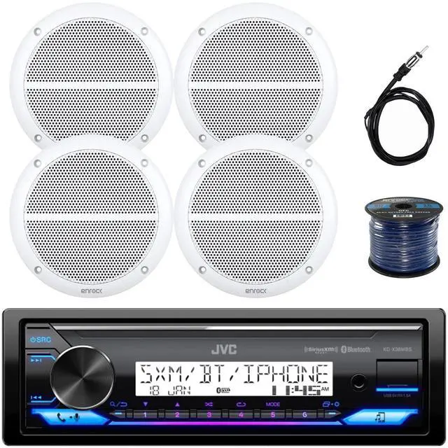 Main image of Single DIN in-Dash Marine Boat Audio Bluetooth USB Receiver Bundle Combo with 4X Enrock 6.5" White Water-Resistant Stereo Speakers, Radio Antenna, 16g 50ft Marine Speaker Wire