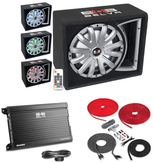 Main image of Belva BLB112LED + BXA5002 Amplifier + 8 Gauge Amp Kit 12" Single 750W Loaded Ported Car Subwoofer with Multi-Color LED and Remote (Includes Sub, Amp, and Amp Kit)