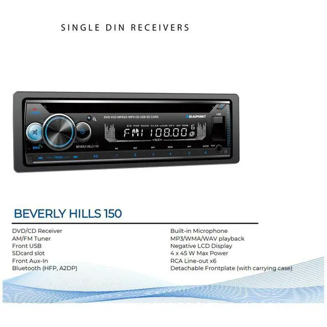 Alt view image 5 of 6 - Beverly Hills 160 Single DIN Bluetooth DVD/CD Stereo Receiver, 2X 6x8 60 Watt Max 3-Way Car Speakers w/Wire