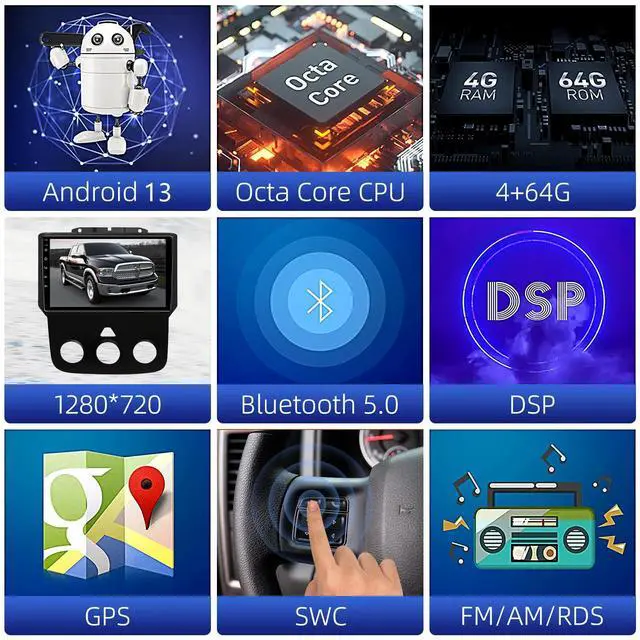 Alt view image 3 of 7 - CSC AUTO 8 Core 4G+64G Android 13 Stereo Radio for Dodge Ram 1500 2500 3500 (2013-2018) Manual AC 9 Inch IPS Display Built-in Wireless Carplay/Android Auto/DSP/4G LTE/WiFi