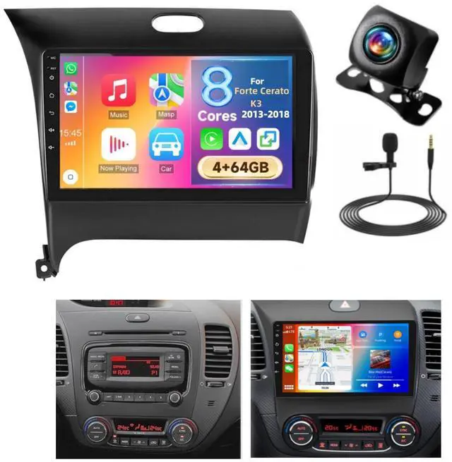 Main image of 8Core 4+64G Radio for KIA Forte Cerato K3 2013-2018 with Wireless Carplay Android Auto, 9'' Touch Screen for Forte Stereo Bluetooth, 32EQ DSP, GPS, WiFi, 59UI, FM, SWC, Mic, Backup Cam