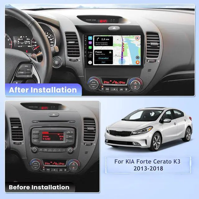 Alt view image 2 of 7 - 8Core 4+64G Radio for KIA Forte Cerato K3 2013-2018 with Wireless Carplay Android Auto, 9'' Touch Screen for Forte Stereo Bluetooth, 32EQ DSP, GPS, WiFi, 59UI, FM, SWC, Mic, Backup Cam