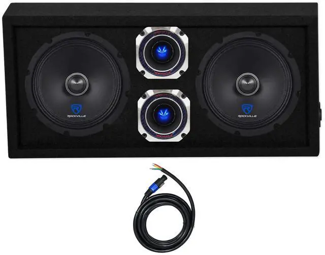 Main image of CH102SP Black Chuchero Car Audio Enclosure with 2 RXM88 Drivers | 5/8" MDF, 2 RT4 tweeters 120W Peak / 60W RMS, 2 RXM88 8" mid-bass drivers 250W Peak / 125W RMS, 12' Speakon cable, 5-items