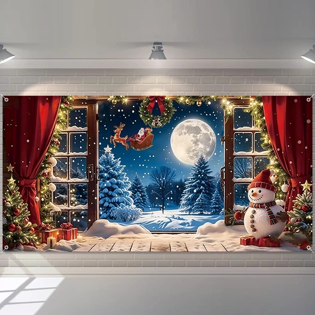 Alt view image 2 of 7 - Christmas Backdrop 20x10ft Winter Xmas Holiday Snowman Santa Claus Photography Background Large Window Forest Snowflakes Pine Tree Banner Decorations Photo Booth Props Fabric Supplies