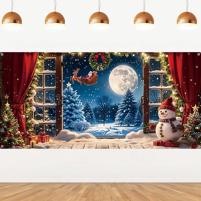 Alt view image 3 of 7 - Christmas Backdrop 20x10ft Winter Xmas Holiday Snowman Santa Claus Photography Background Large Window Forest Snowflakes Pine Tree Banner Decorations Photo Booth Props Fabric Supplies