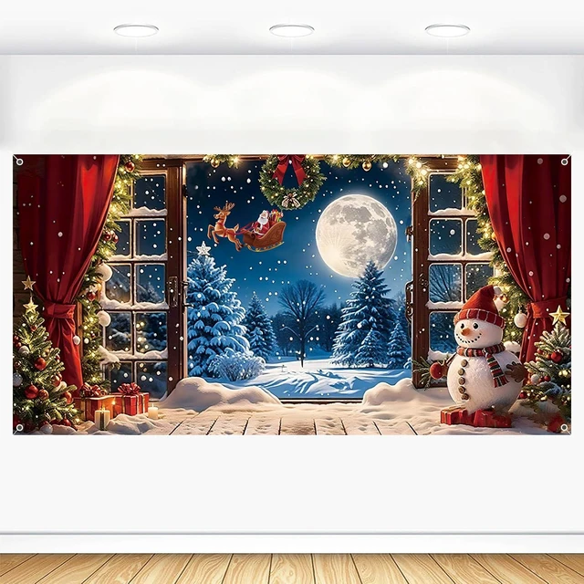 Main image of Christmas Backdrop 20x10ft Winter Xmas Holiday Snowman Santa Claus Photography Background Large Window Forest Snowflakes Pine Tree Banner Decorations Photo Booth Props Fabric Supplies