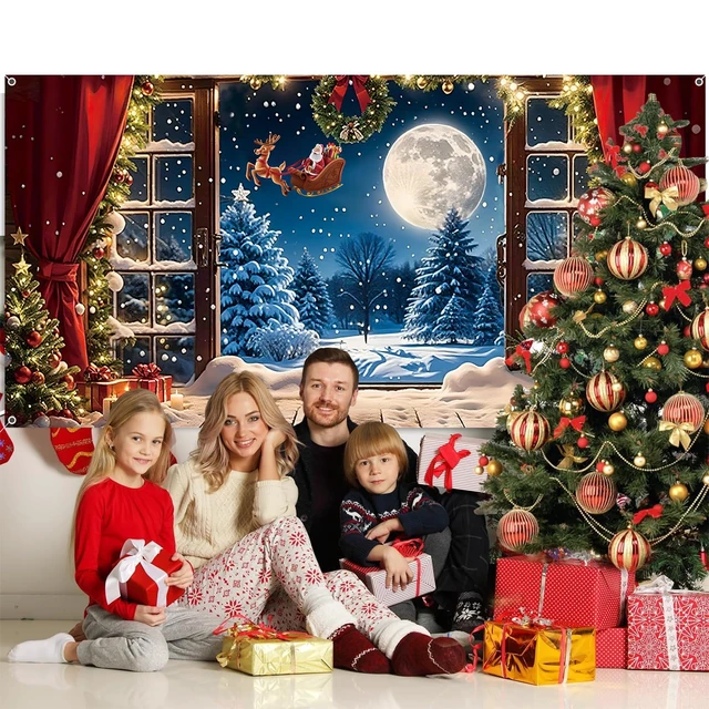 Alt view image 5 of 7 - Christmas Backdrop 20x10ft Winter Xmas Holiday Snowman Santa Claus Photography Background Large Window Forest Snowflakes Pine Tree Banner Decorations Photo Booth Props Fabric Supplies