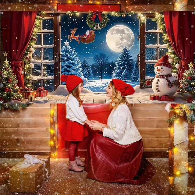 Alt view image 6 of 7 - Christmas Backdrop 20x10ft Winter Xmas Holiday Snowman Santa Claus Photography Background Large Window Forest Snowflakes Pine Tree Banner Decorations Photo Booth Props Fabric Supplies