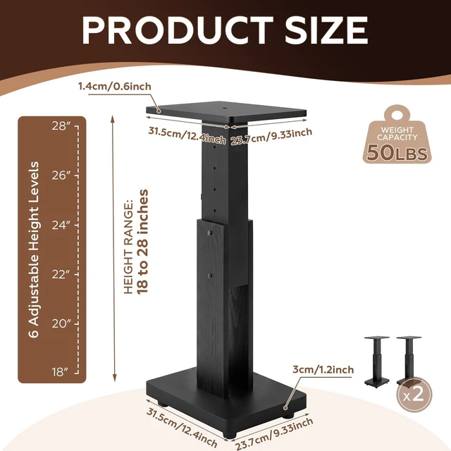 Alt view image 2 of 7 - 2 Pcs Height Adjustable Speaker Stands Heavy Duty 50 Lbs Wood Vinyl Record Player Stands Pair for Studio Housewarming Home Decoration(18-28",Black)