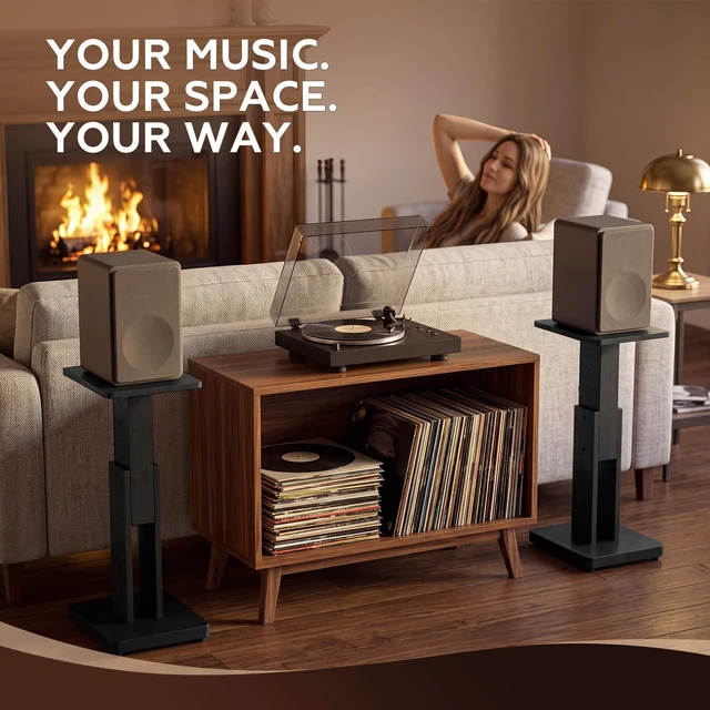 Alt view image 3 of 7 - 2 Pcs Height Adjustable Speaker Stands Heavy Duty 50 Lbs Wood Vinyl Record Player Stands Pair for Studio Housewarming Home Decoration(18-28",Black)